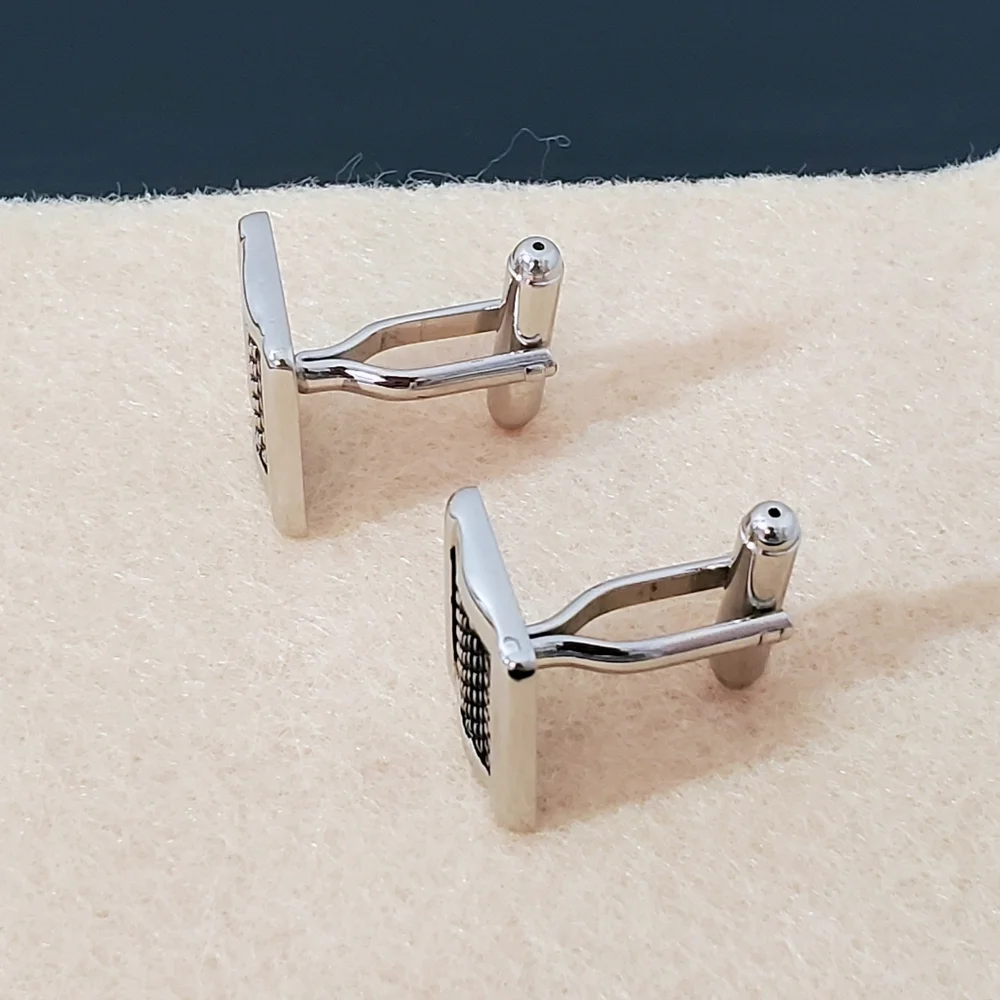 Silver & Black Herringbone Mesh Rectangular Cufflinks - Unisex